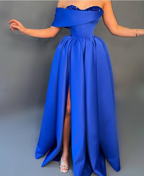 Elegant Blue Satin Sequins evening Dress,Off The Shoulder Formal Slit Prom Dress Y8531