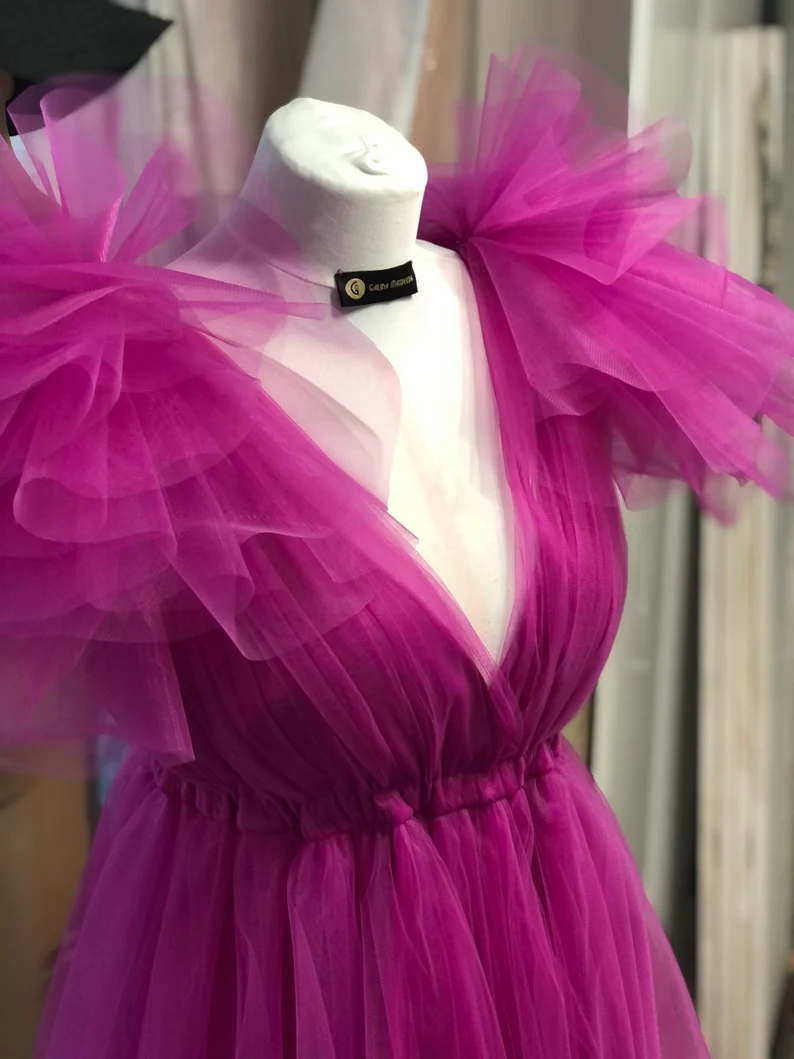 Fuchsia A-line V Neck Tulle Prom Dress Y2759