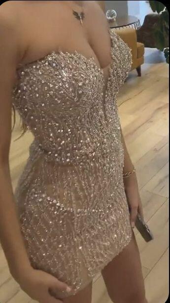 Sparkly Champagne Strapless Sequin Sheath Short Birthday Dress Homecoming Dress SP2637