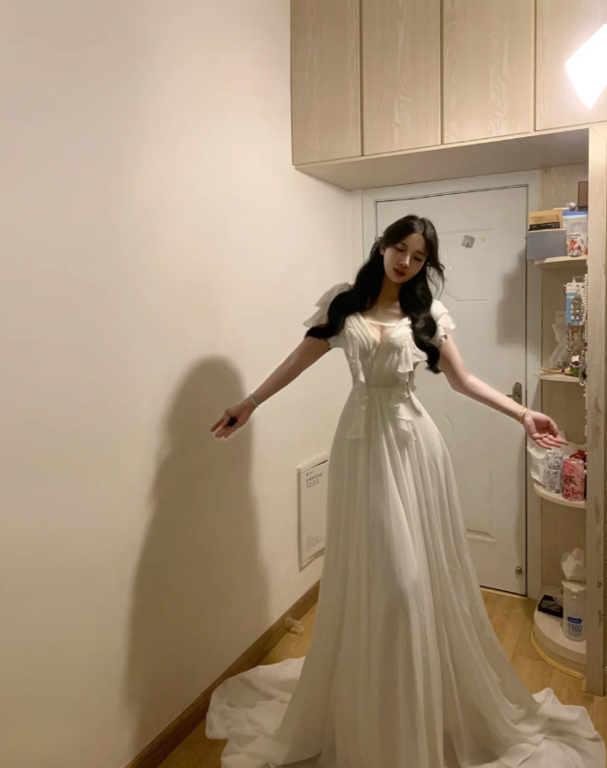 Pretty V Neck White Chiffon Ruffles Long Party Dress Guest Dress SP291