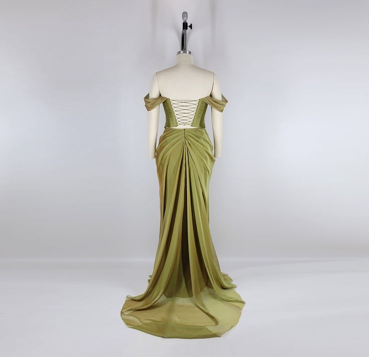 Elegant Green Satin Pleated Party Dress,Off The Shoulder Mermaid Evening Dress Bridesmaid Dress Y8737
