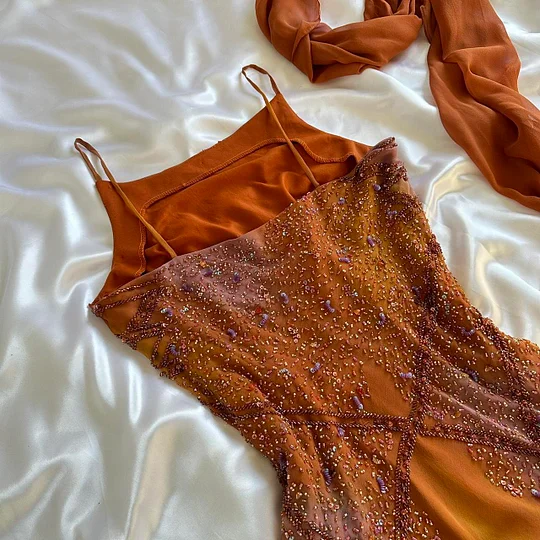 Vintage Spaghetti Straps Orange Chiffon Beaded Long Prom Dress Birthday Party Gowns Y9726
