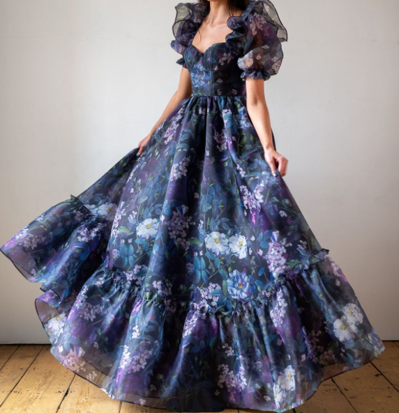 Charming Purple Chiffon Print Floral A Line Long Evening Dress Prom Gown SP224