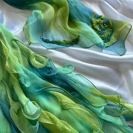 Unique Ombre Green Chiffon Ruffles Beaded Long Party Dress Evening Gowns Y9734