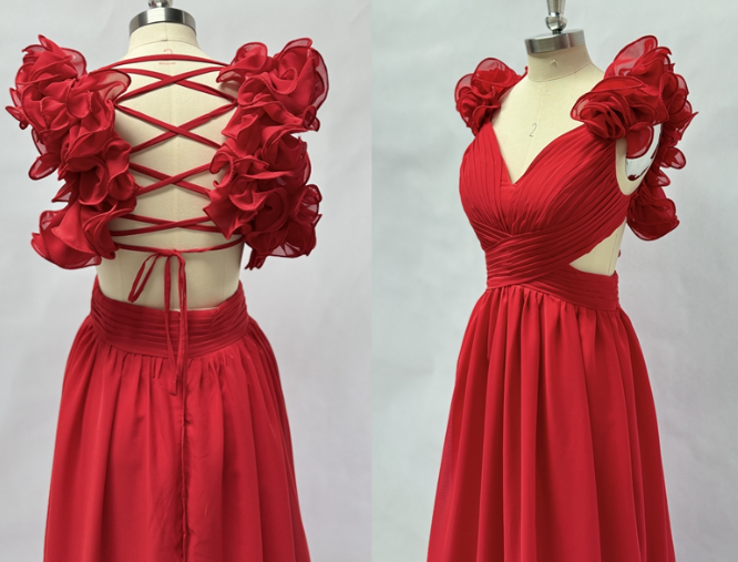 Chiffon A Line Ruffle Prom Dresses for Women V Neck Long Bridesmaid Dresses Backless Formal Evening Gowns Y3043