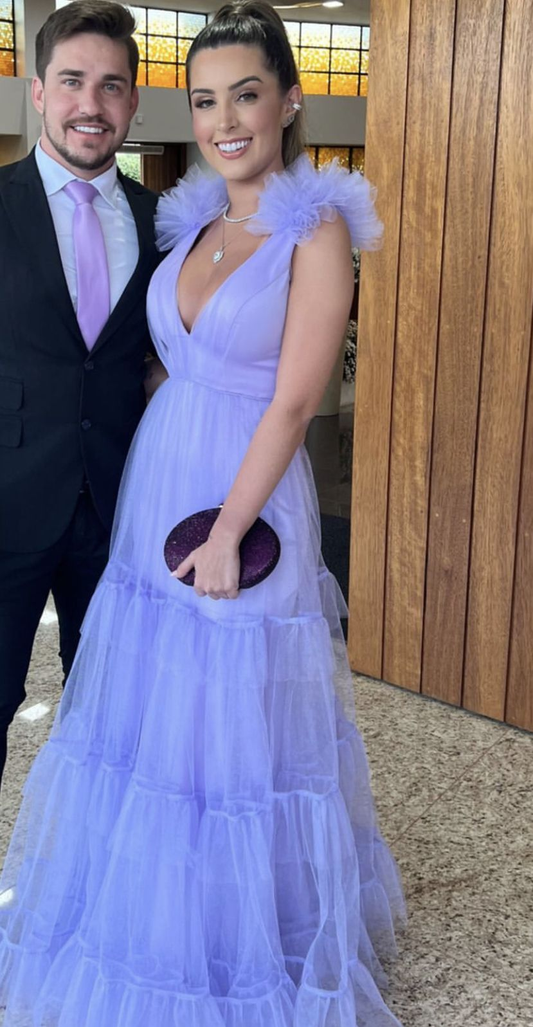 Purple A-line V Neck Tulle Prom Dress,Purple Evening Dress Y2884