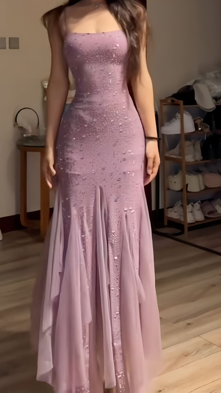 Classy Purple Spaghetti Straps Chiffon Sequin Beaded Formal Prom Dress Long Mermaid Evening Dress SP245