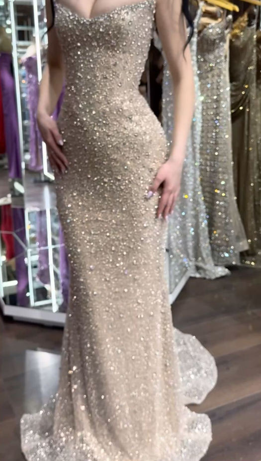 Gorgeous Champagne Spaghetti Straps Sequin Beaded Mermaid Prom Gown Long Evening Dress SP653