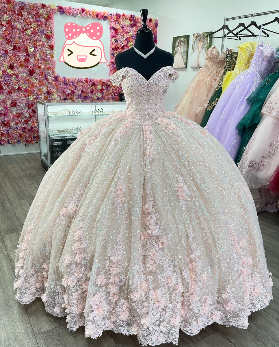 Sparkly Pink Off The Shoulder Ball Gown,Pink Princess Dress,Pink Sweet 16 Dress Y2342