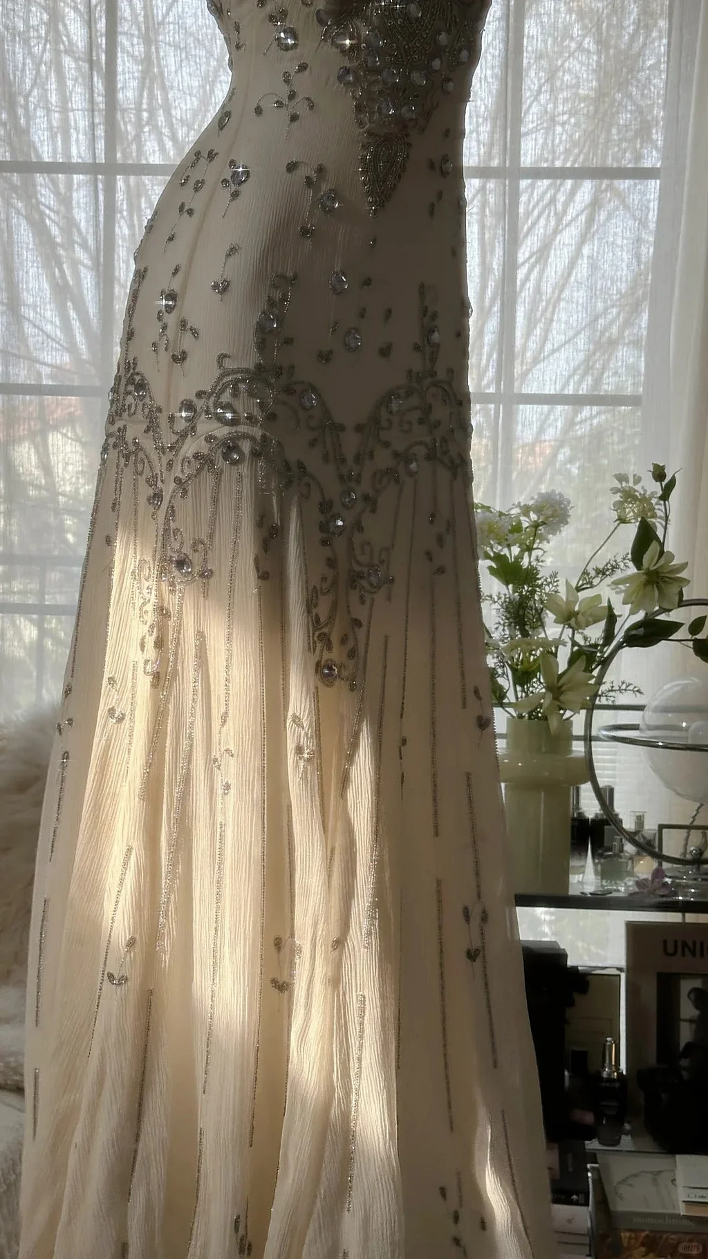 Vintage Light Champagne Chiffon Beaded Long Sleeveless Prom Dress Evening Dress Y9729