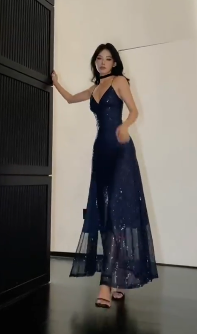 Sexy Spaghetti Straps Navy Blue Sequin Slit A Line Party Gown Long Evening Dress SP256