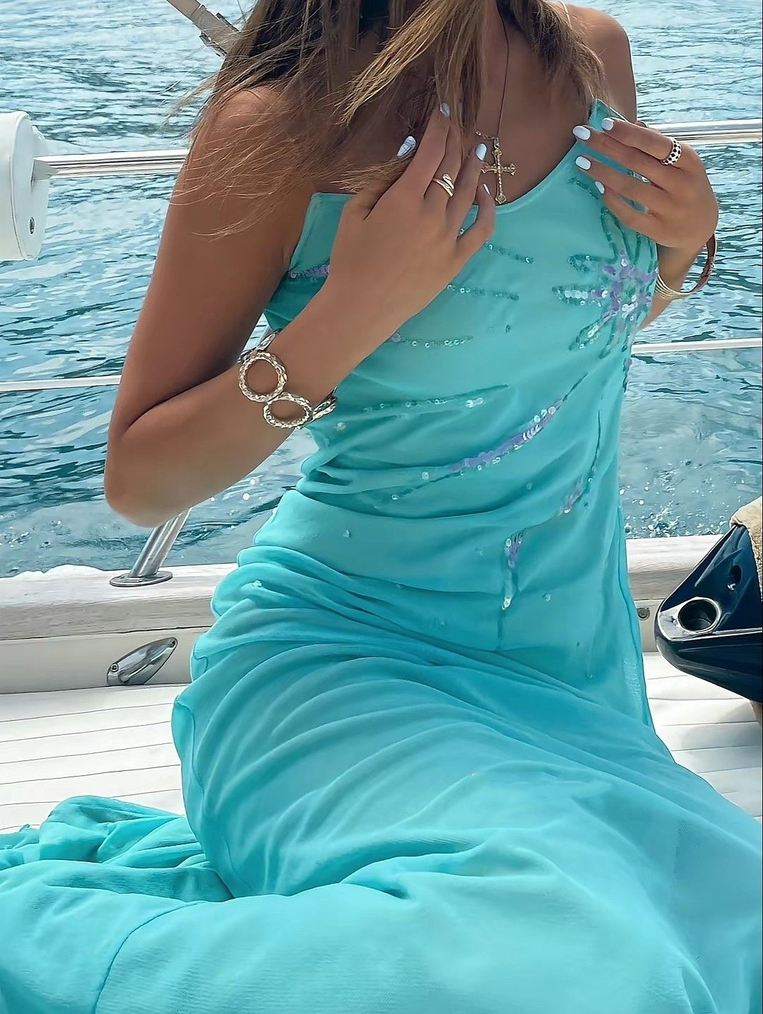 Pretty Spaghetti Straps Blue Chiffon Sequin Long Party Dress Prom Gown SP968