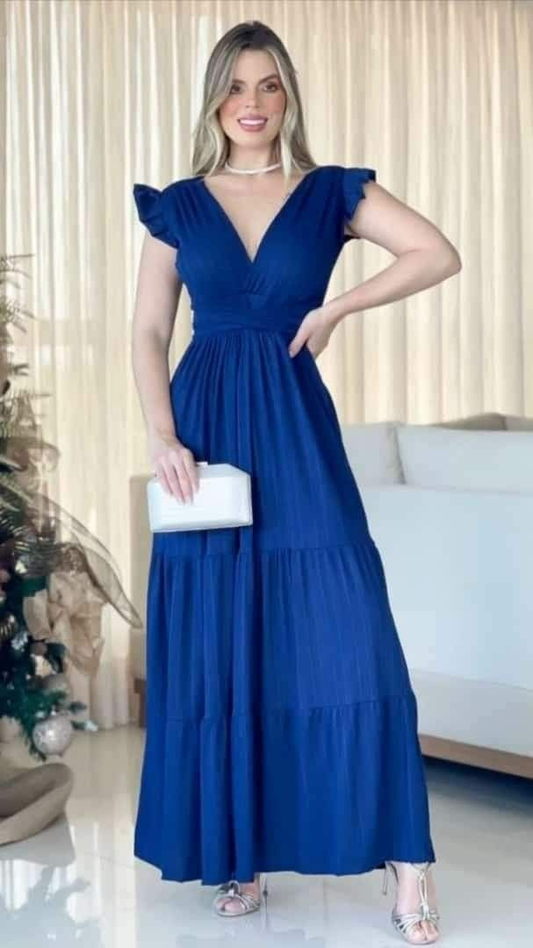 Modest A-line V Neck Blue Prom Dress,Blue Evening Gown Y5085