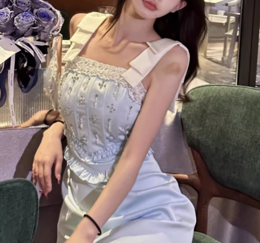 Cute Blue Straps Satin Beaded Sheath Short Birthday Outfits Formal Homecoming Dress Y9363