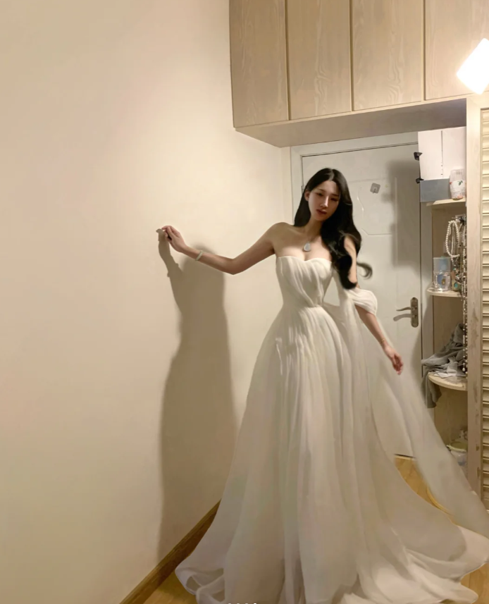 Elegant Strapless White Tulle Long Prom Dress Formal Party Gown SP297