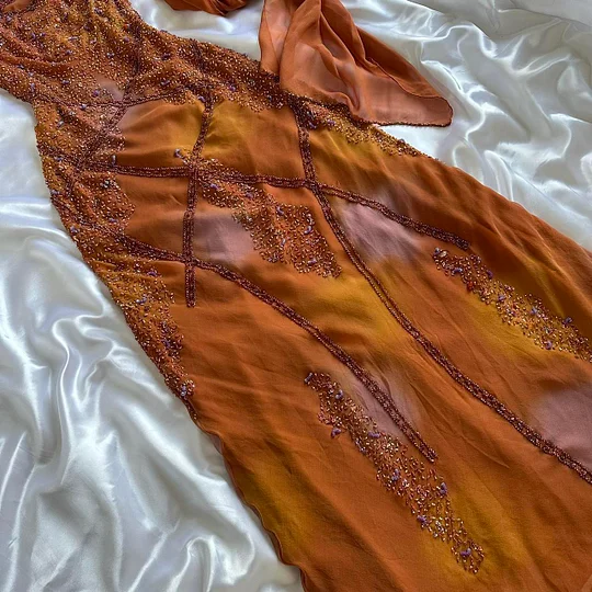 Vintage Spaghetti Straps Orange Chiffon Beaded Long Prom Dress Birthday Party Gowns Y9726