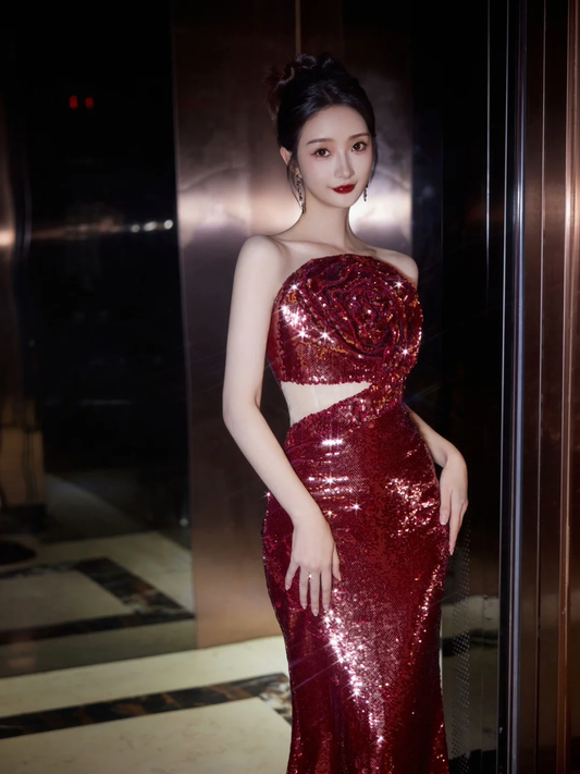 Burgundy Strapless Sequin Rose Flowers Prom Dress,Mermaid Long Evening Dress Y8595