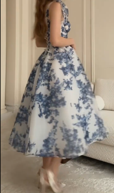 Pretty Blue Spaghetti Straps Chiffon Print Floral A Line Prom Dress Long Party Gown SP253