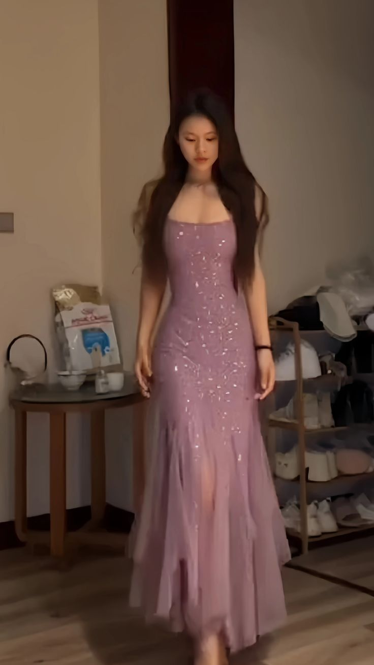Classy Purple Spaghetti Straps Chiffon Sequin Beaded Formal Prom Dress Long Mermaid Evening Dress SP245