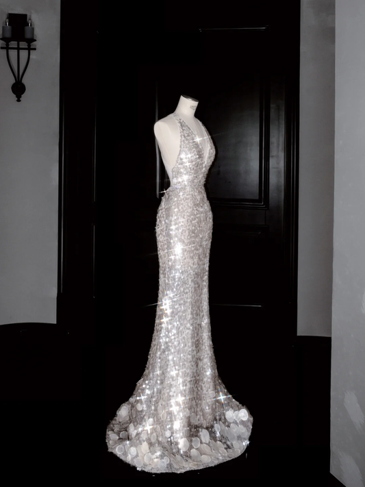 Sexy V Neck Silver Sequins Backless Mermaid Prom Dress Evening Dress Y8680
