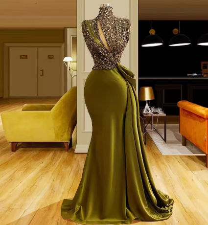 High neck vintage evening dresses long sparkly vintage elegant evening gowns Y390