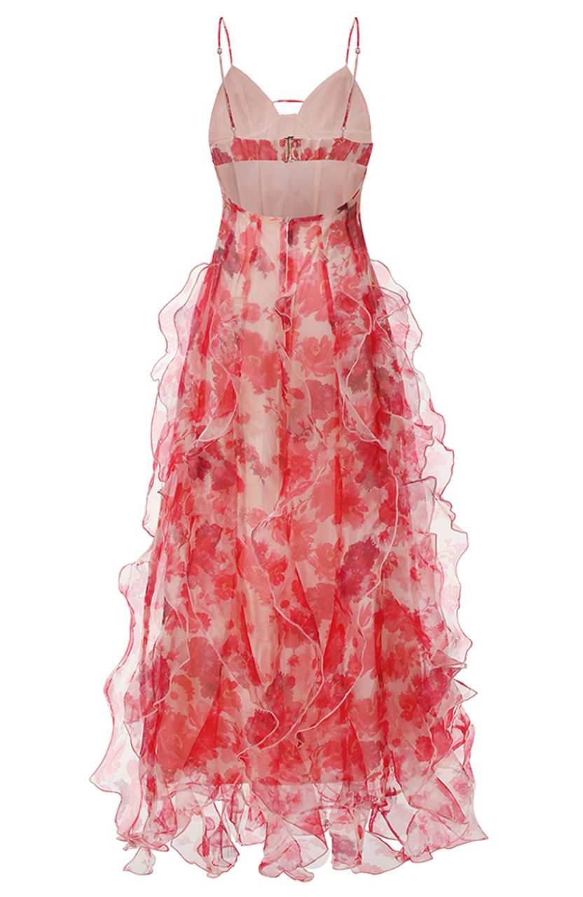 Sexy Floral Ruffle Long Party Dress Red Backless Evening Dress Y8703