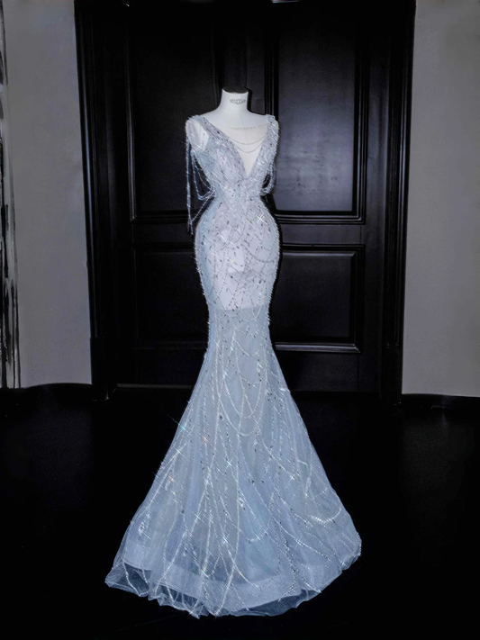Dream Blue Tulle Beaded Chain V Neck Long Mermaid Prom Dress Evening Dress Y8665