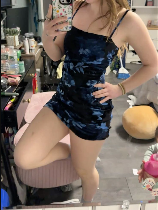 Unique Spaghetti Straps Navy Blue Satin Print Floral Sheath Cocktail Dress Formal Short Graduation Homecoming Dress Y9198