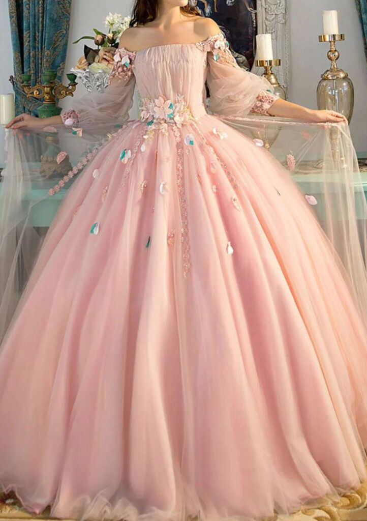 Pink Off The Shoulder Tulle Appliques Ball Gown ,Pretty A Line Formal Prom Dress Y8374