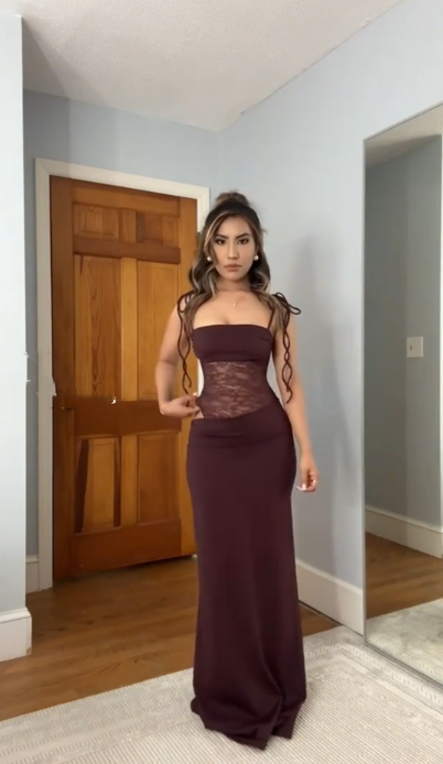 Vintage Burgundy Spaghetti Straps Satin Lace Sheath Long Evening Dress Party Gown SP244