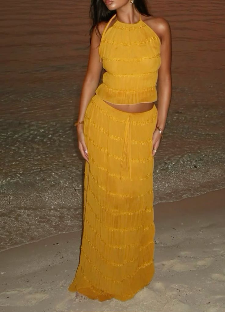 Sexy Halter Chiffon Backless Party Dress,Orange Long Vacation Dresses Two Piece Y8751
