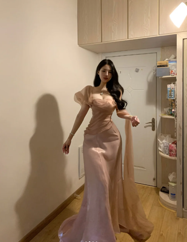 Elegant Pink Tulle Mermaid Long Party Gown Formal Guest Dress SP288