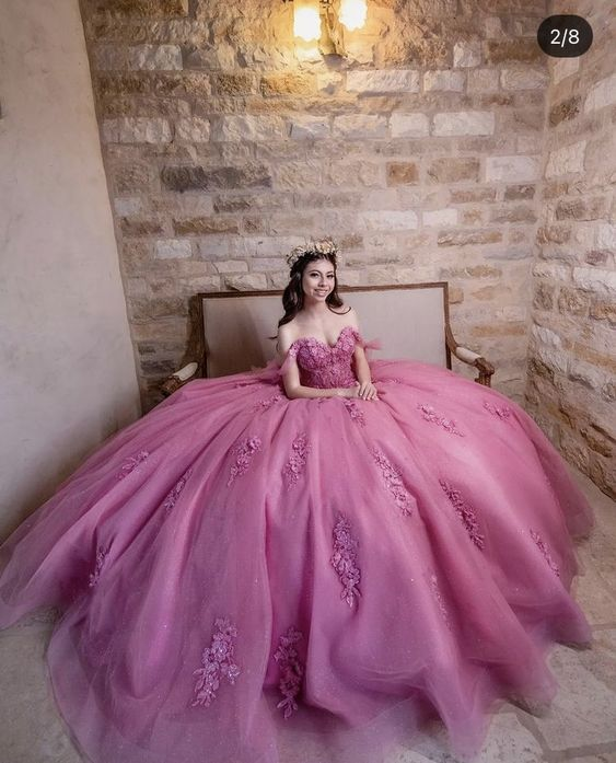 Luxury Dusty Rose Off Shoulder Lace 3D Flower Applique Ball Gown Birthday Party Dress Y7016