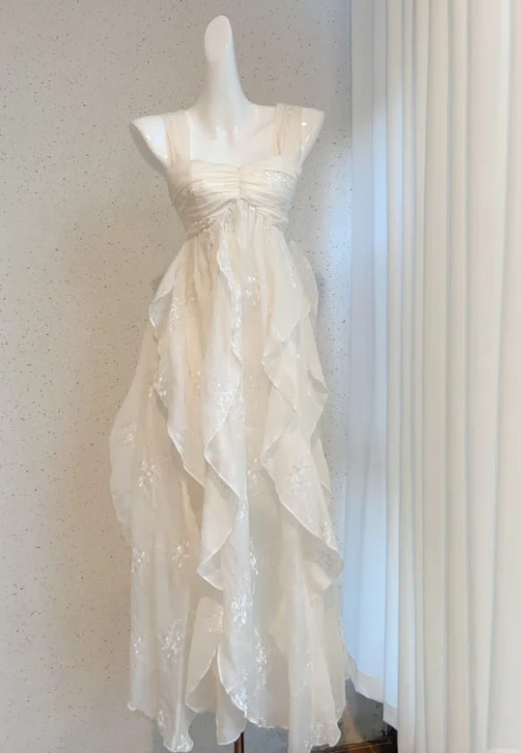 Classy Off-white Chiffon Ruffles Long Party Dress Prom Dress SP431