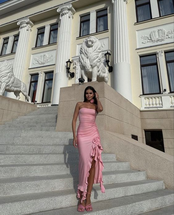 Pink Strapless Ruffle Slit Party Evening Dress Y8173