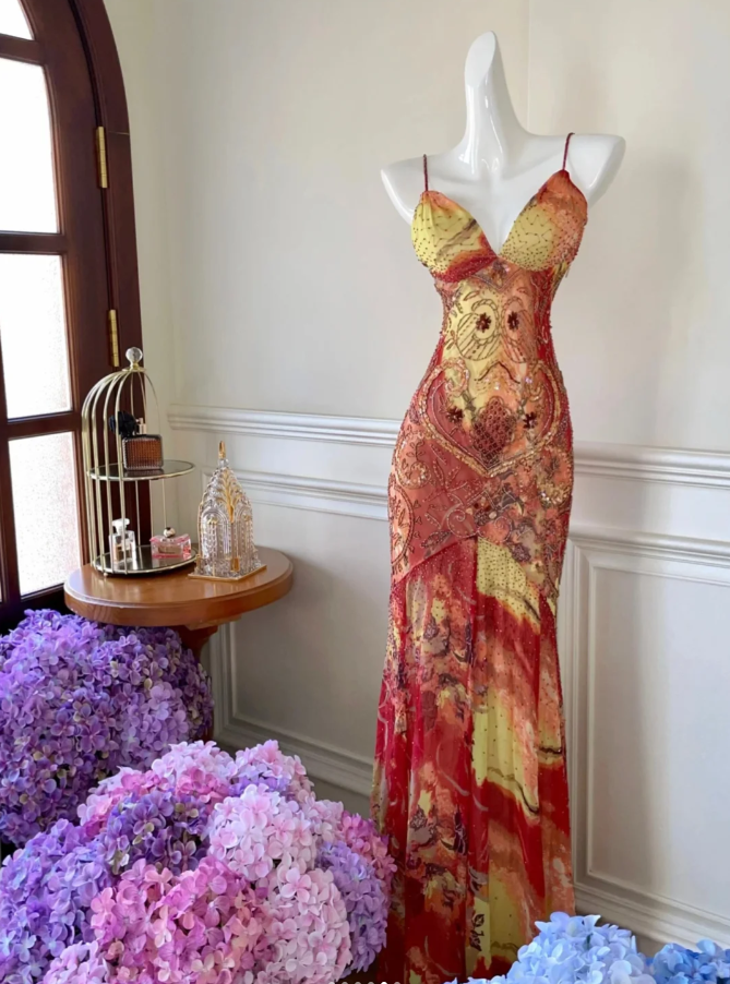 Gorgeous Spaghetti Straps Chiffon Print Floral Beaded Mermaid Evening Dress Long Prom Gown SP873