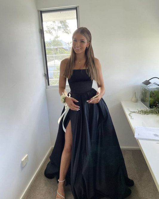 Black Leg Slit Prom Dress,Women A-line Elegant Party Dresses Y4448