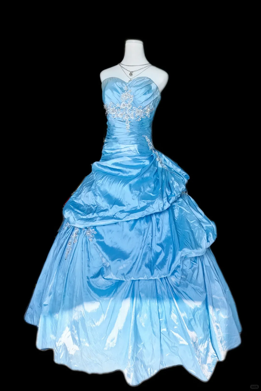 Elegant Blue Ball Gown Sweetheart Neck Satin Pleated Appliques Long Party Dress Prom Gowns SP2323