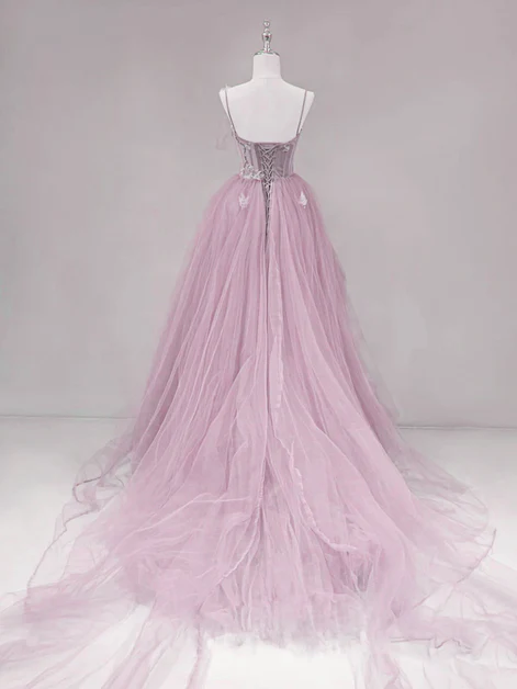 Pink Straps Tulle Chic Long Party Dress Formal Dress, Pink A-line Prom Dress Y4491