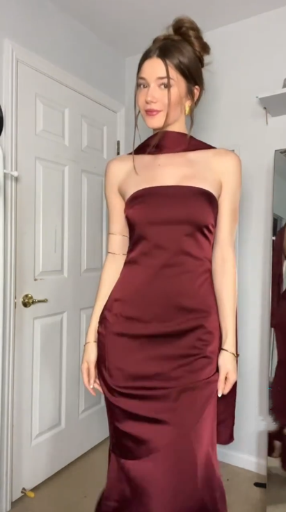 Classy Burgundy Satin Mermaid Long Prom Dress Party Gown With Ribbon SP234
