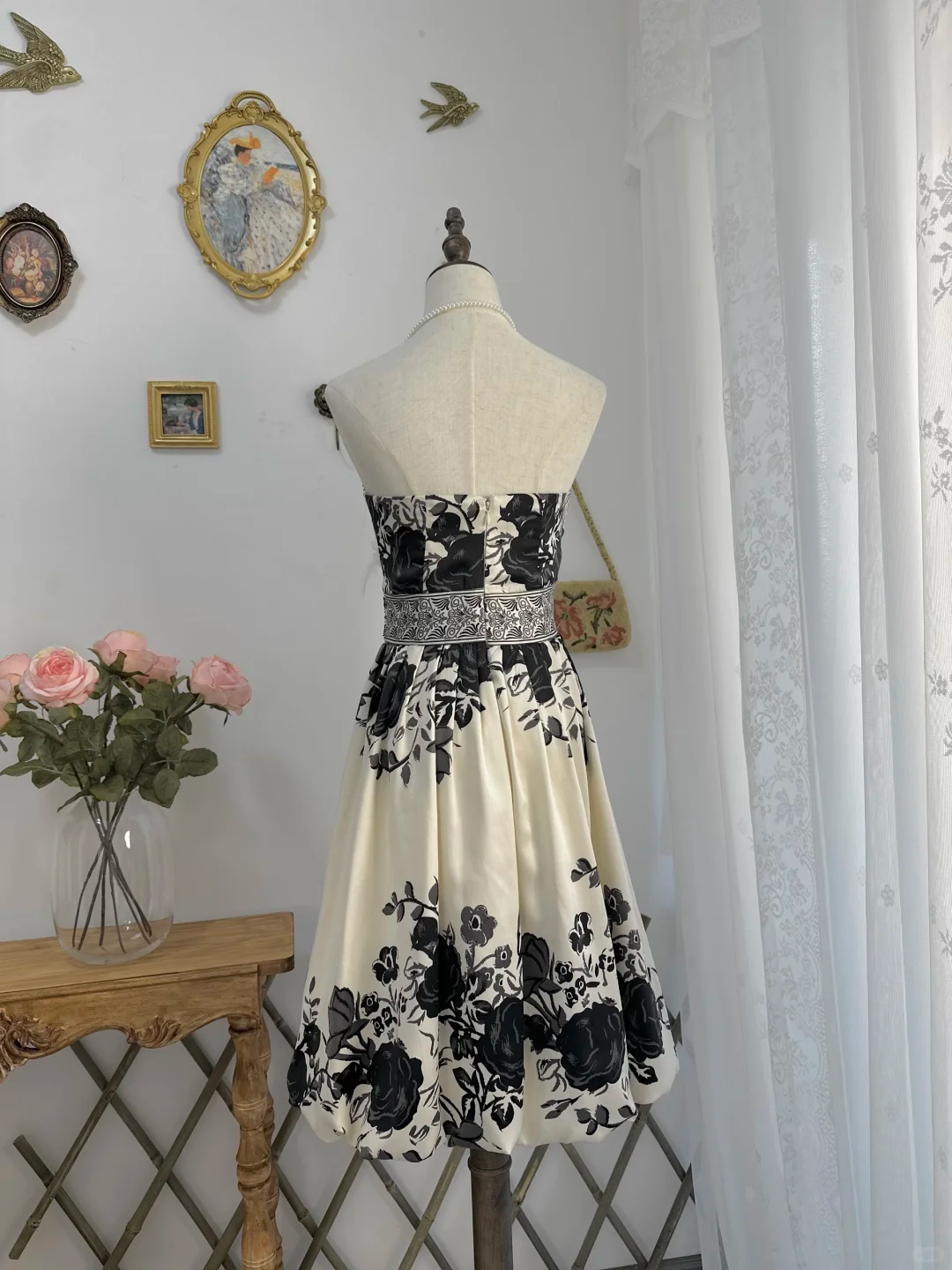 Vintage Strapless Satin Printed Floral Short Graduation Homecoming Dress Birthday Dress Y9761