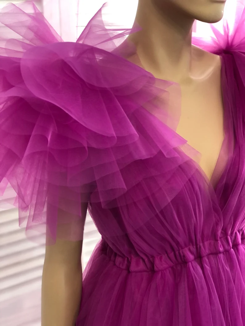 Fuchsia A-line V Neck Tulle Prom Dress Y2759