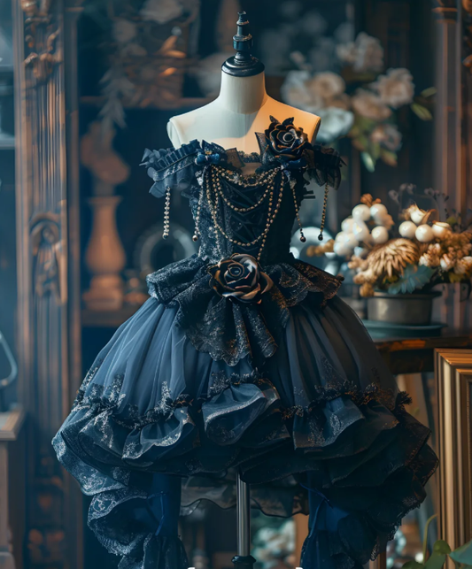 Vintage Off The Shoulder Navy Blue Tulle Lace Short Homecoming Dress Formal Birthday Outfits Y9248