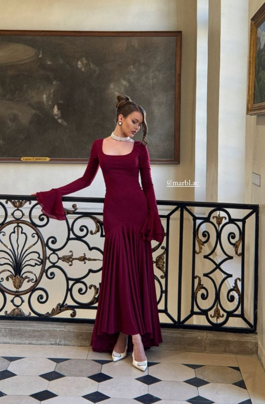 Sexy Burgundy Satin Mermaid Long Evening Dress Wedding Guest Dress SP745