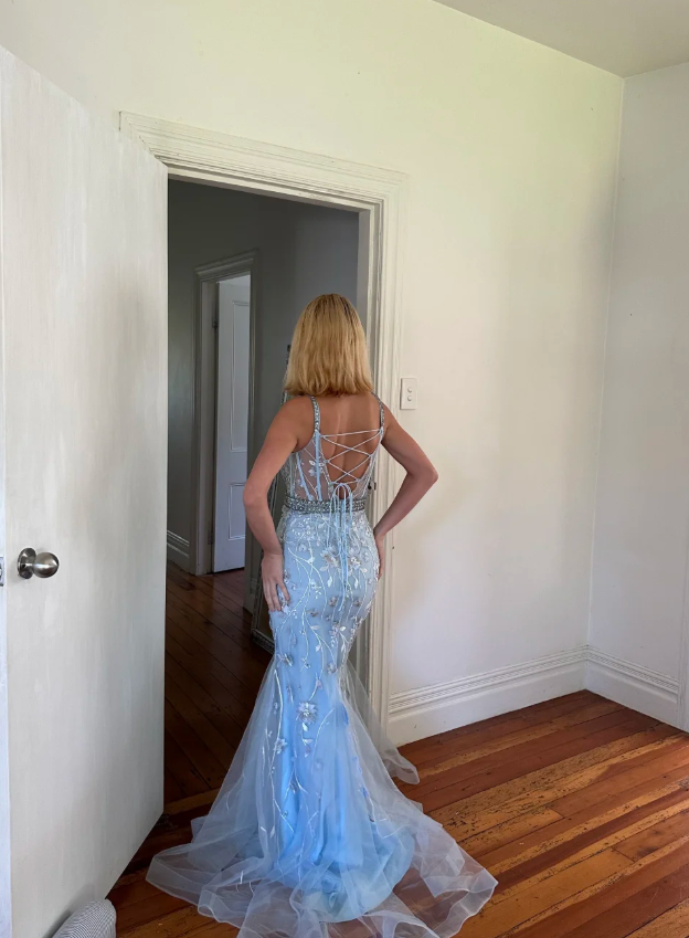 Classy Spaghetti Straps Sky Blue Tulle Appliques Beaded Mermaid Prom Dress Long Party Dress SP419