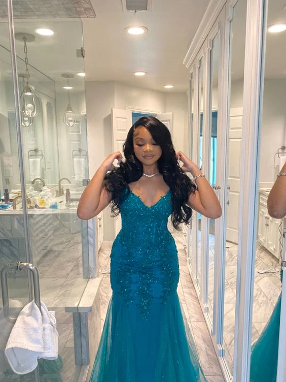 Dark Green Mermaid Tulle Lace Prom Dress Winter Formal Gown Y4169