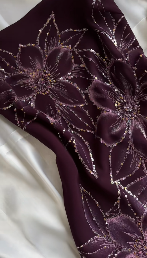 Retro Spaghetti Straps Purple Chiffon Sequin Floral Long Party Dress Prom Gown With Scarf SP2243
