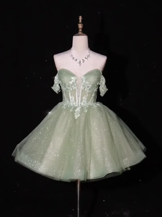Fashion Green Off The Shoulder Tulle Appliques A Line Short Graduation Homecoming Dress Birthday Outfits Y9293