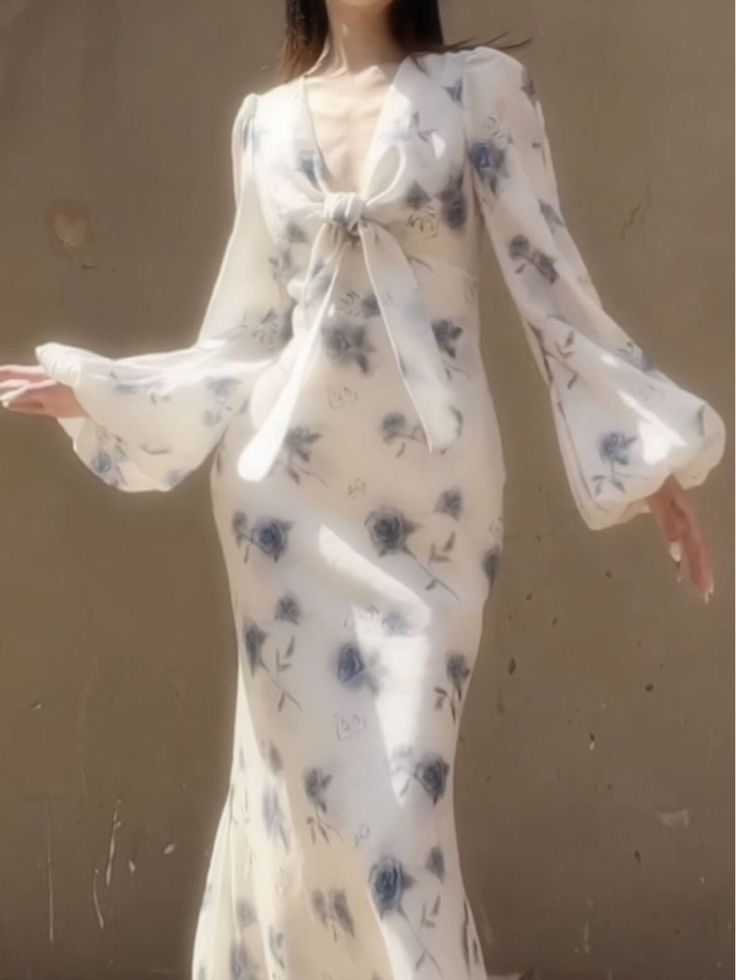 Elegant Ice Blue Rose Chiffon Print Floral Prom Dress,Long Mermaid Evening Dress Y8407