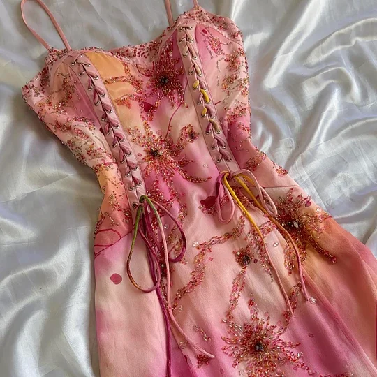 Classy Pink Chiffon Beaded Long Prom Gown Formal Evening Dress Y9742